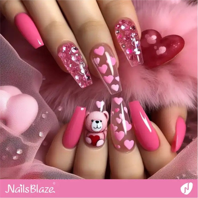 Transparent and Pink Teddy Bear Nail Design | Valentine Nails - NB2417